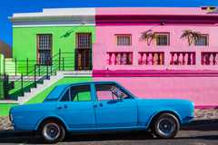Colourful buildings and a classic car in the Bo-Kaap area if Cape Town